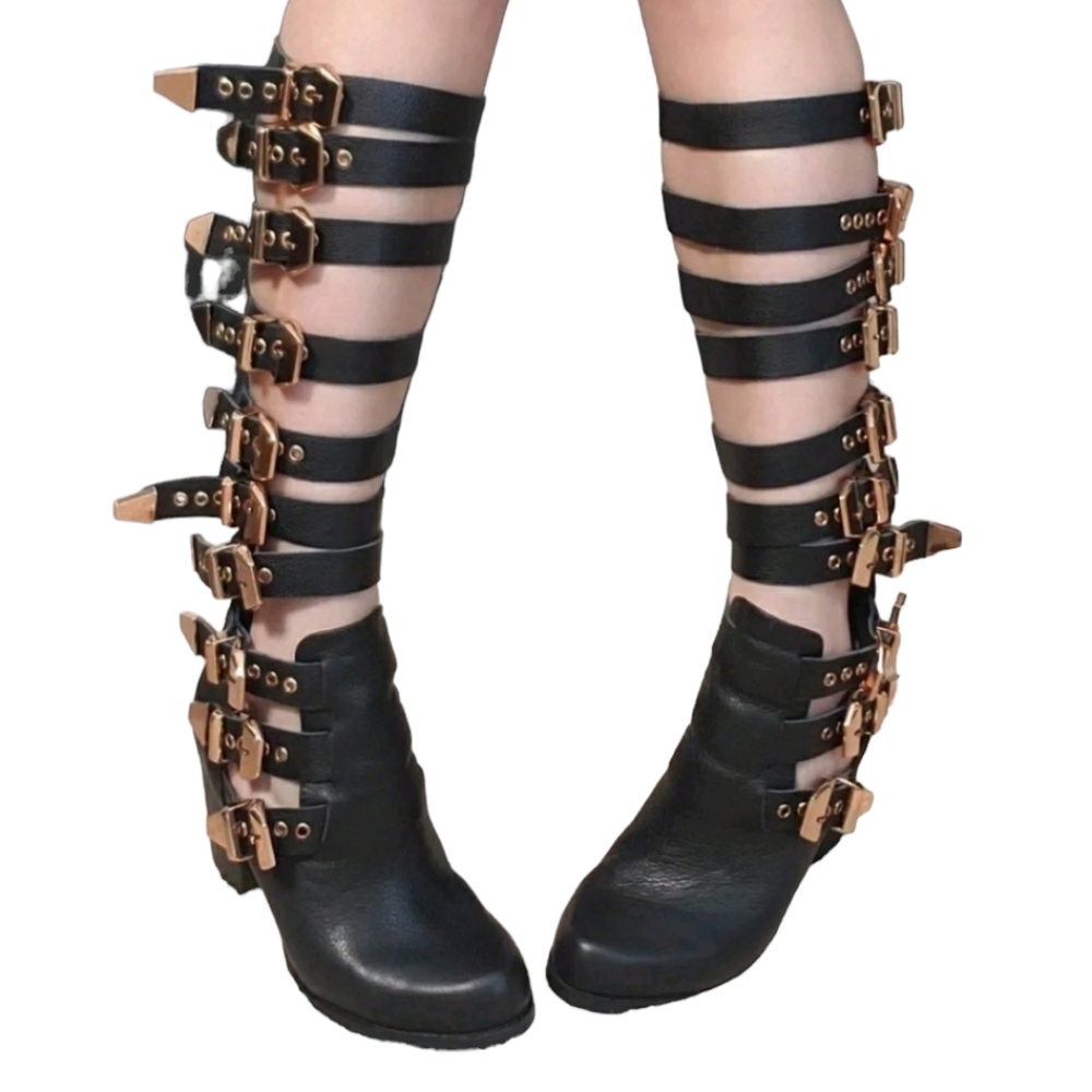 Yes brand shoes Solestra black leather strap buckle knee high boots 7